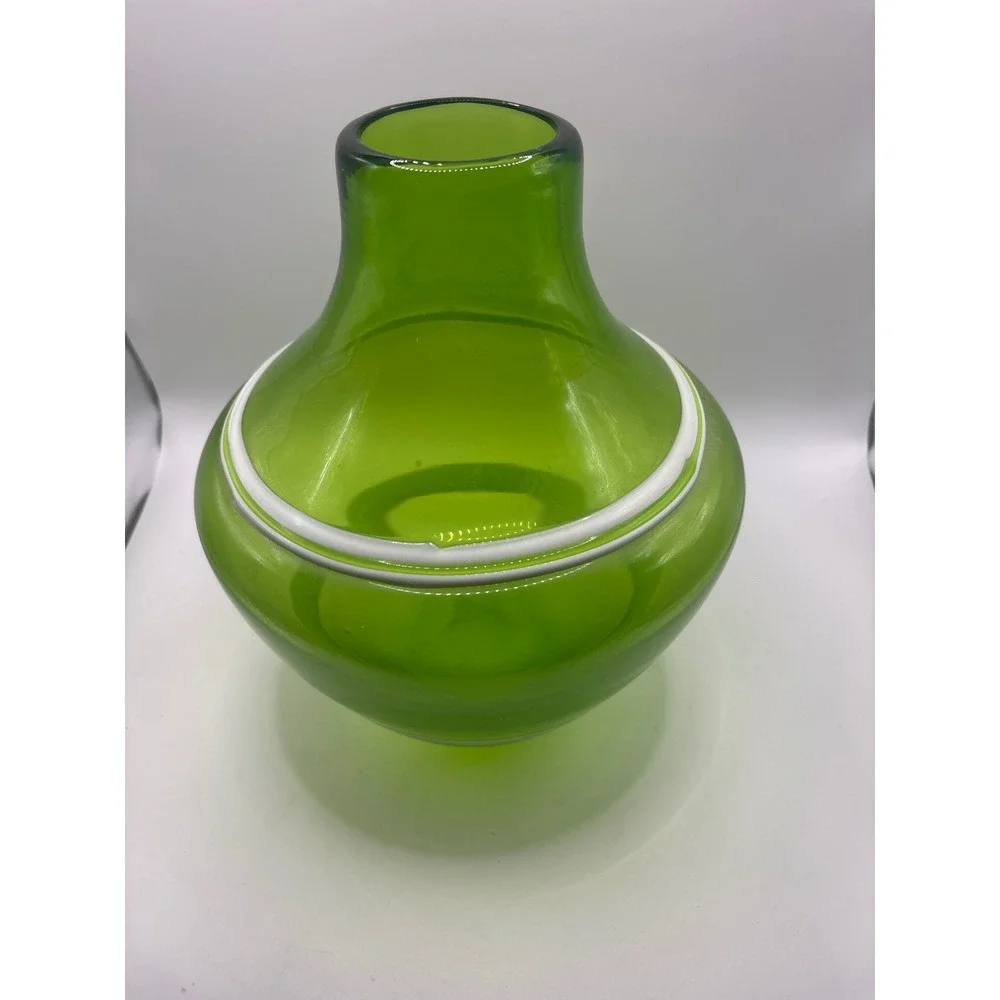 Mid Century Modern Green Art Glass Vase with White Stripes Hand Blown Decor